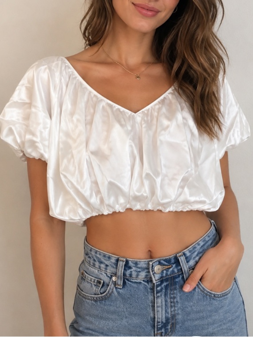 VERY J White Satin Puff Sleeve Blouson Crop Top Large
